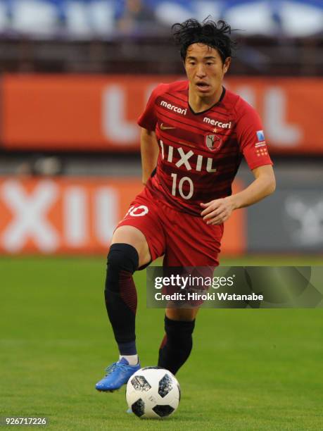 Mu Kanazaki of Kashima Antlers in action during the J.League J1 match between Kashima Antlers and Gamba Osaka at Kashima Soccer Stadium on March 3,...