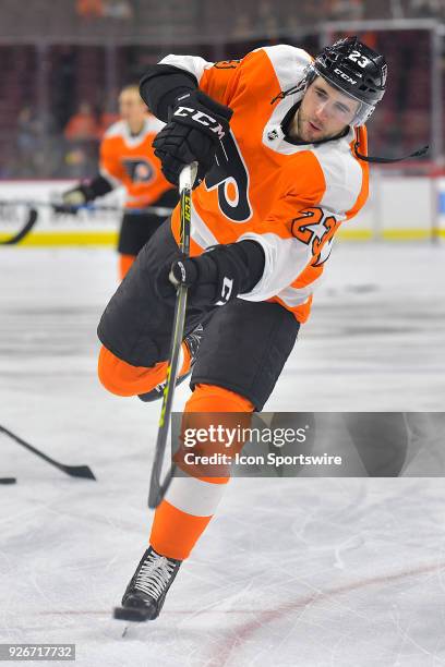 Philadelphia Flyers defenseman Brandon Manning warms up before the NHL game between the Carolina Hurricanes and the Philadelphia Flyers on March 01,...