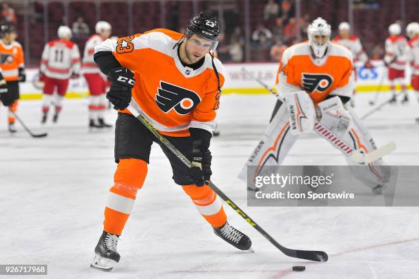 Philadelphia Flyers defenseman Brandon Manning warms up before the NHL game between the Carolina Hurricanes and the Philadelphia Flyers on March 01,...