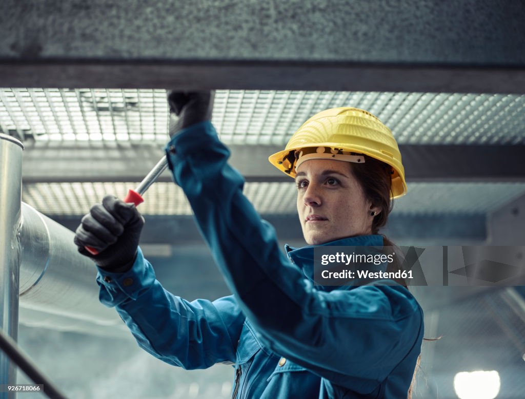 Craftswoman wearing hard hat at work