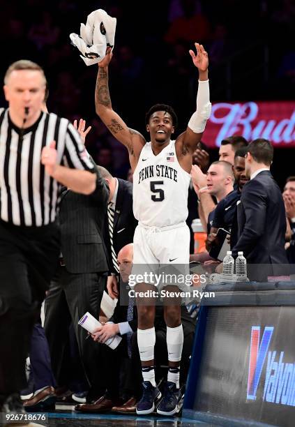 Jamari Wheeler of the Penn State Nittany Lions celebrates his teams lead late in the game against the Northwestern Wildcats during the second round...