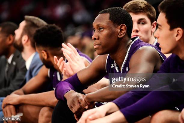 Scottie Lindsey of the Northwestern Wildcats reacts after fouling out late in the game against the Penn State Nittany Lions during the second round...