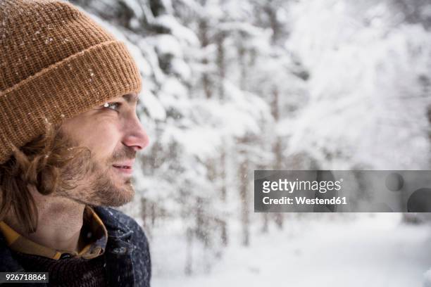 portrait of man in winter forest - deutschland wald winter stock-fotos und bilder