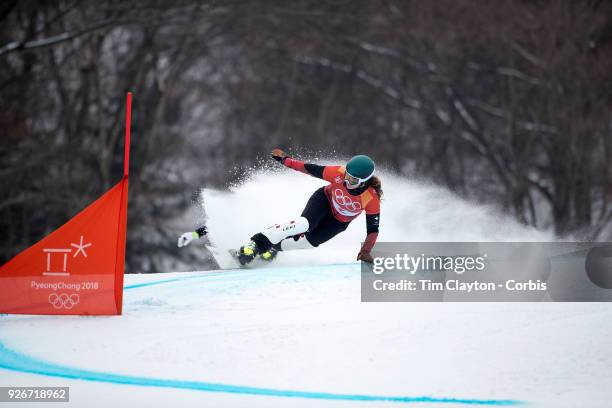 Patrizia Kummer of Switzerland in action during the Ladies' Snowboard Parallel Giant Slalom competition at Phoenix Snow Park on February 24, 2018 in...