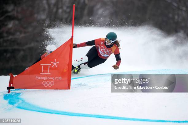 Patrizia Kummer of Switzerland in action during the Ladies' Snowboard Parallel Giant Slalom competition at Phoenix Snow Park on February 24, 2018 in...