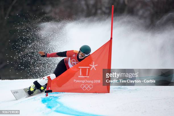 Patrizia Kummer of Switzerland in action during the Ladies' Snowboard Parallel Giant Slalom competition at Phoenix Snow Park on February 24, 2018 in...