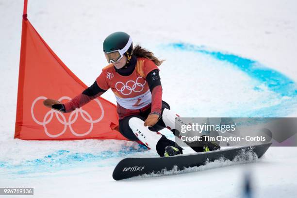 Patrizia Kummer of Switzerland in action during the Ladies' Snowboard Parallel Giant Slalom competition at Phoenix Snow Park on February 24, 2018 in...