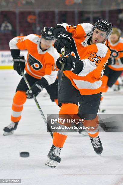 Philadelphia Flyers defenseman Brandon Manning warms up before the NHL game between the Carolina Hurricanes and the Philadelphia Flyers on March 01,...