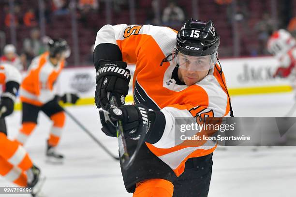 Philadelphia Flyers center Jori Lehtera warms up before the NHL game between the Carolina Hurricanes and the Philadelphia Flyers on March 01, 2018 at...