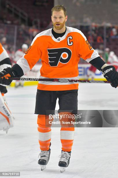 Philadelphia Flyers defenseman Brandon Manning warms up before the NHL game between the Carolina Hurricanes and the Philadelphia Flyers on March 01,...