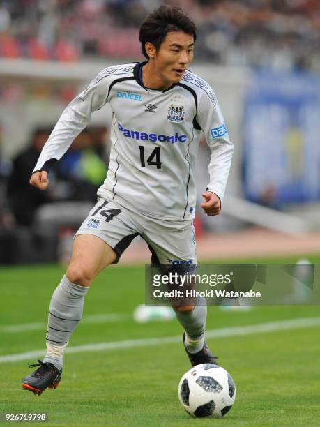Koki Yonekura of Gamba Osaka lin action during the J.League J1 match between Kashima Antlers and Gamba Osaka at Kashima Soccer Stadium on March 3,...