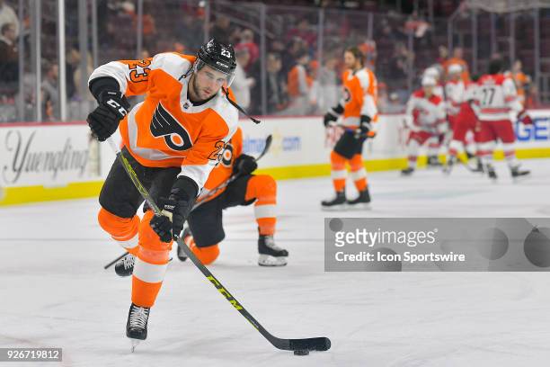 Philadelphia Flyers defenseman Brandon Manning warms up before the NHL game between the Carolina Hurricanes and the Philadelphia Flyers on March 01,...