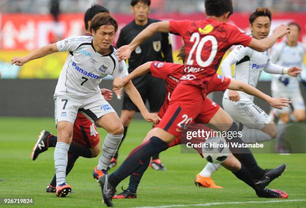 Yasuhito Endo of Gamba Osaka in action during the J.League J1 match between Kashima Antlers and Gamba Osaka at Kashima Soccer Stadium on March 3,...