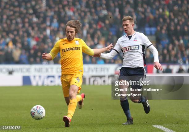 Preston North End's Ben Pearson and Bolton Wanderers' Josh Vela during the Sky Bet Championship match between Bolton Wanderers and Preston North End...