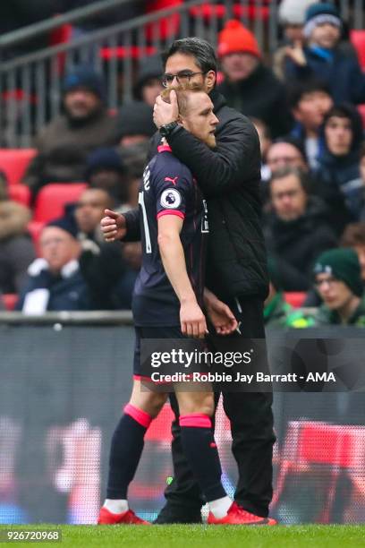 David Wagner head coach / manager of Huddersfield Town acknowledges Alex Pritchard of Huddersfield Town as he comes off with an injury during the...