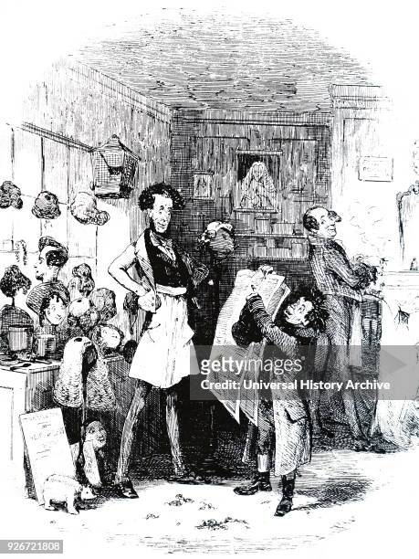 Illustration depicting a London paper boy selling newspapers in a barber shop. Dated 19th century.
