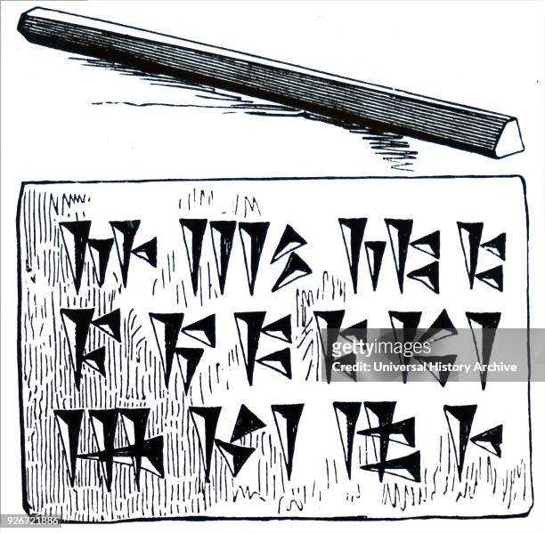 Illustration depicting cuneiform writing, a Babylonian method of writing on wet clay tablet with a stylus. Dated 19th century.