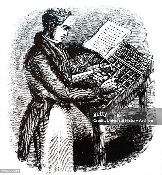 Illustration depicting a compositor making up a line of type. In his left hand is the composing stick, and in this he places letters taken from the...