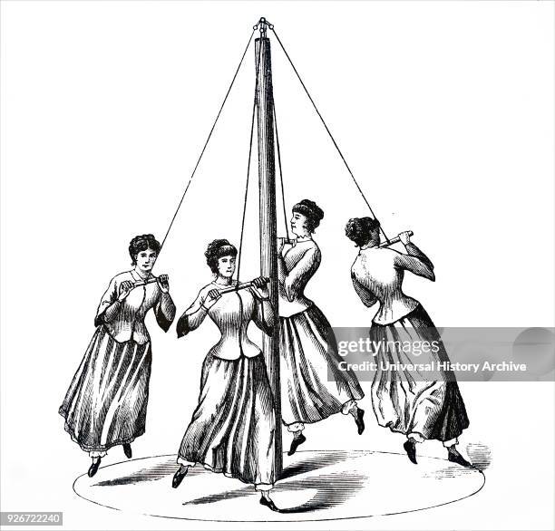 Illustration depicting female gymnasts: apparatus such as the bar, the ropes, or climbing frames which developed muscle were considered unsuitable...