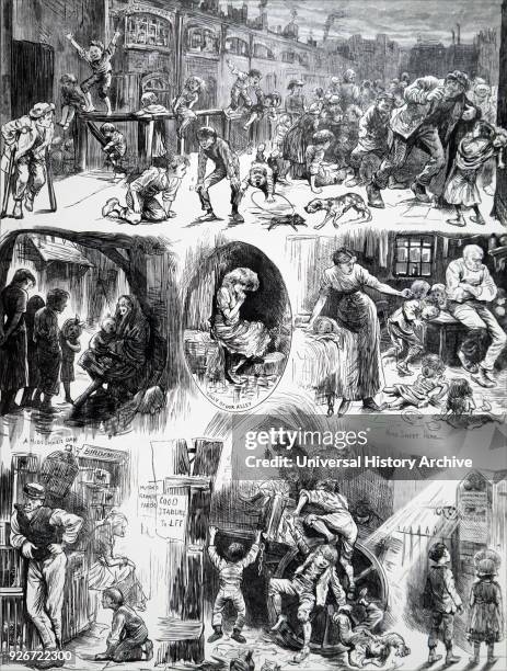 Illustration titled 'A Day in Town': children in poor districts of London. Illustrated by Harry Furniss an Irish-born English artist and illustrator....