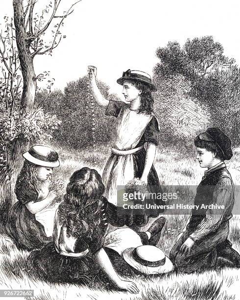Illustration depicting young girls making daisy chains. Dated 19th century.