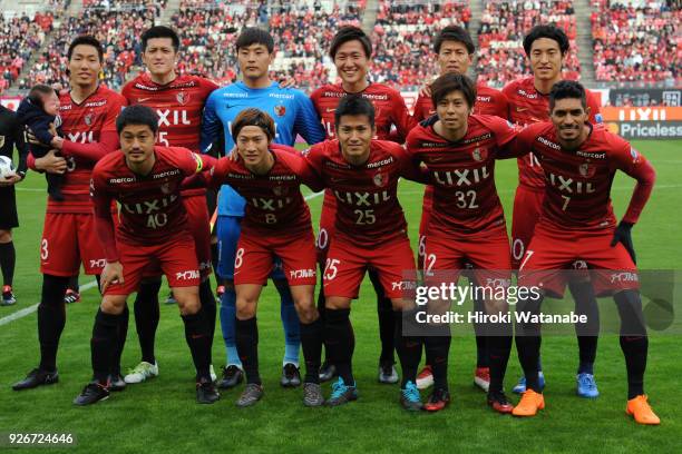 Players of Kashima Antlers pose for photograph the J.League J1 match between Kashima Antlers and Gamba Osaka at Kashima Soccer Stadium on March 3,...