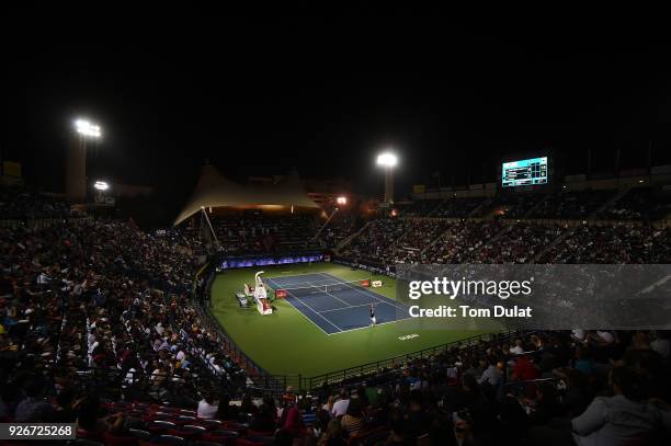 General view of action during the final match between Roberto Bautista Agut of Spain and Lucas Pouille of France on day six of the ATP Dubai Duty...