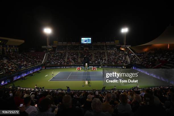 General view of action during the final match between Roberto Bautista Agut of Spain and Lucas Pouille of France on day six of the ATP Dubai Duty...