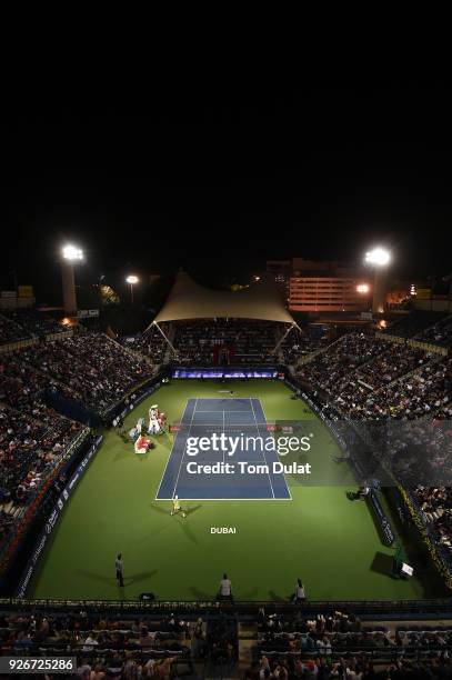 General view of action during the final match between Roberto Bautista Agut of Spain and Lucas Pouille of France on day six of the ATP Dubai Duty...