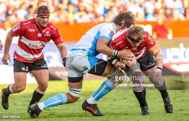 Jacques Van Rooyen of the Lions and Lood de Jager of the Bulls during the Super Rugby match between Vodacom Bulls and Emirates Lions at Loftus...