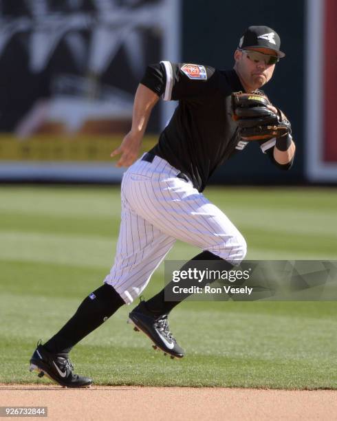 Jake Elmore of the Chicago White Sox fields against the Texas Rangers on February 28, 2018 at Camelback Ranch in Glendale Arizona.