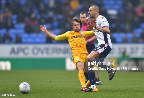 Bolton Wanderers' Darren Pratley is fouled by Preston North End's Ben Pearson during the Sky Bet Championship match at the Macron Stadium, Bolton.
