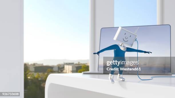 monitor-headed manikin stumbling over cable on desk in front of laptop - digitalization stock illustrations