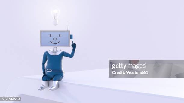monitor-headed manikin sitting on desk, thinking with burning light bulb hovering over his head - technology stock illustrations