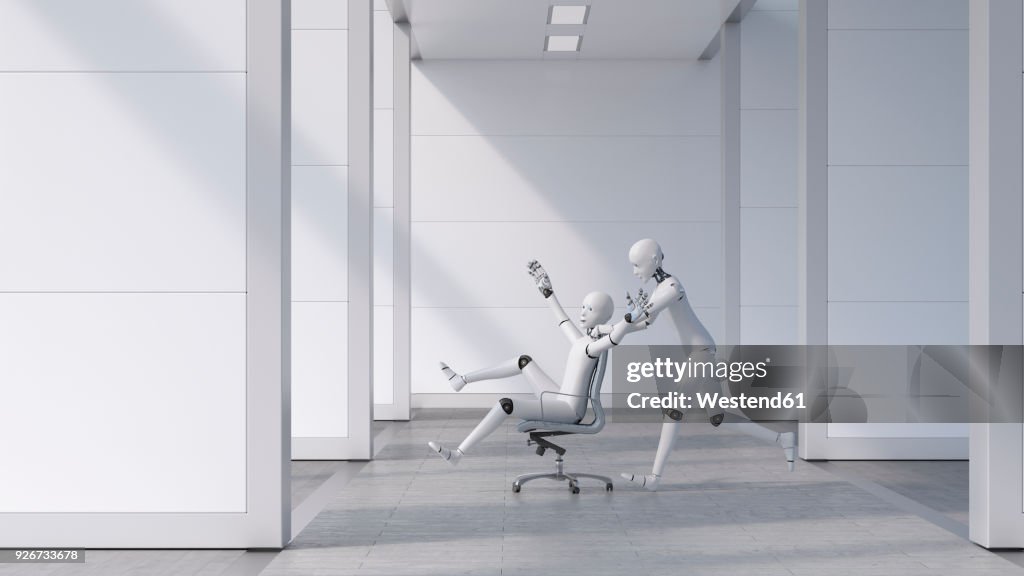 Robot pushing a cheering friend on a chair through the office