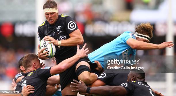 Stephan Lewies of the Cell C Sharks out jumps Ned Hanigan of the Waratahs during the Super Rugby match between Cell C Sharks and Waratahs at Kings...