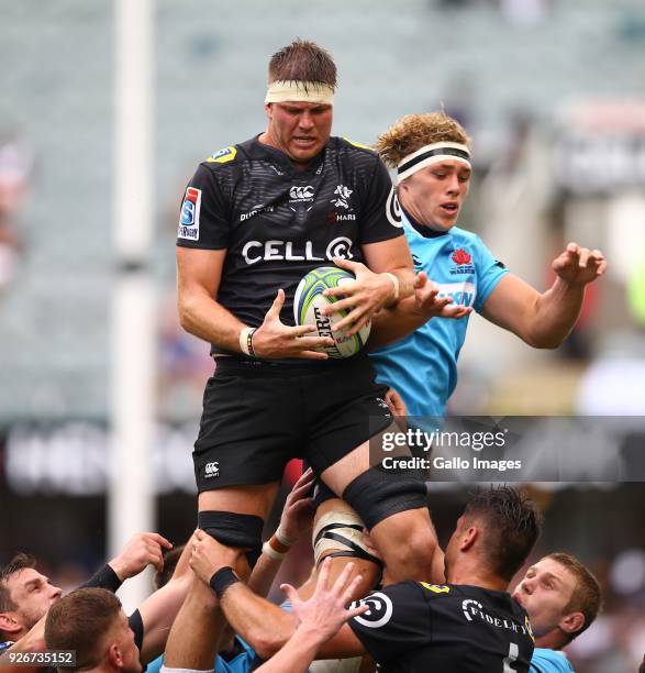 Stephan Lewies of the Cell C Sharks out jumps Ned Hanigan of the Waratahs during the Super Rugby match between Cell C Sharks and Waratahs at Kings...