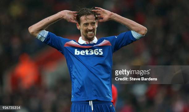 Peter Crouch of Stoke City reacts during the Premier League match between Southampton and Stoke City at St Mary's Stadium on March 3, 2018 in...