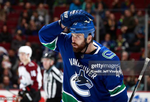 Erik Gudbranson of the Vancouver Canucks skates up ice during their NHL game against the Colorado Avalanche at Rogers Arena February 20, 2018 in...