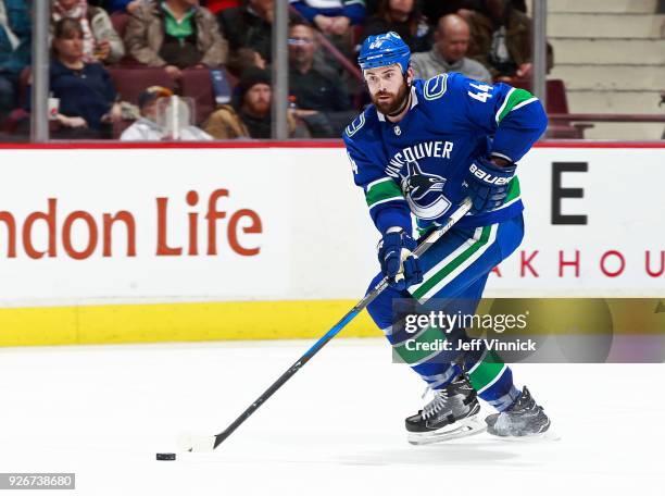 Erik Gudbranson of the Vancouver Canucks skates up ice during their NHL game against the Colorado Avalanche at Rogers Arena February 20, 2018 in...