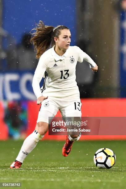 Sara Dabritz of Germany controls the ball against the US National Team on March 1, 2018 at MAPFRE Stadium in Columbus, Ohio. The United States...