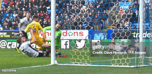 Preston North End's Sean Maguire scores his team's second goal during the Sky Bet Championship match at the Macron Stadium, Bolton.