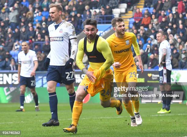 Preston North End's Sean Maguire celebrates scoring his side's second goal of the game during the Sky Bet Championship match at the Macron Stadium,...