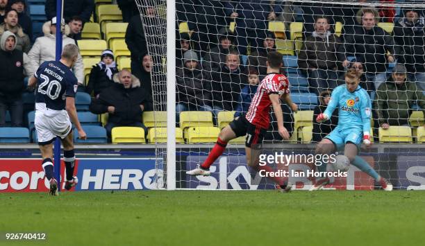 Jason Steele of Sunderland makes a save during the Sky Bet Championship match between Millwall and Sunderland at The Den on March 3, 2018 in London,...