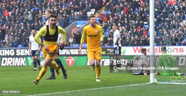 Preston North End's Sean Maguire celebrates scoring his side's second goal of the game during the Sky Bet Championship match at the Macron Stadium,...