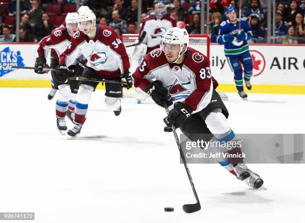 Matt Nieto of the Colorado Avalanche skates up ice with the puck during their NHL game against the Vancouver Canucks at Rogers Arena February 20,...