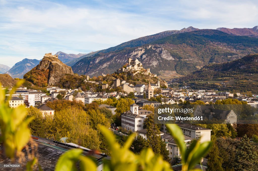 Switzerland, Canton Vaud, Sion, townscape with Tourbillon Castle, Notre-Dame de Valere and Notre Dame du Glarier