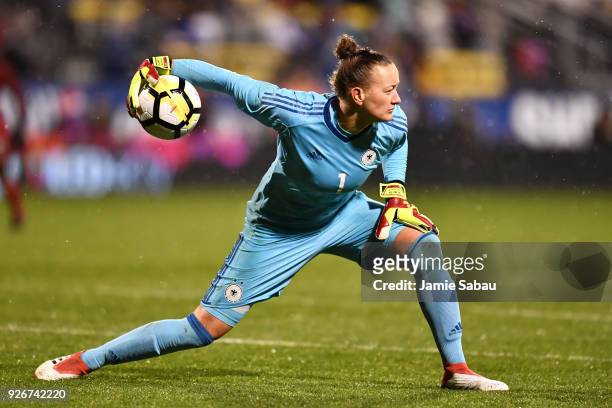 Goalkeeper Almuth Schult of Germany controls the ball against the US National Team on March 1, 2018 at MAPFRE Stadium in Columbus, Ohio. The United...