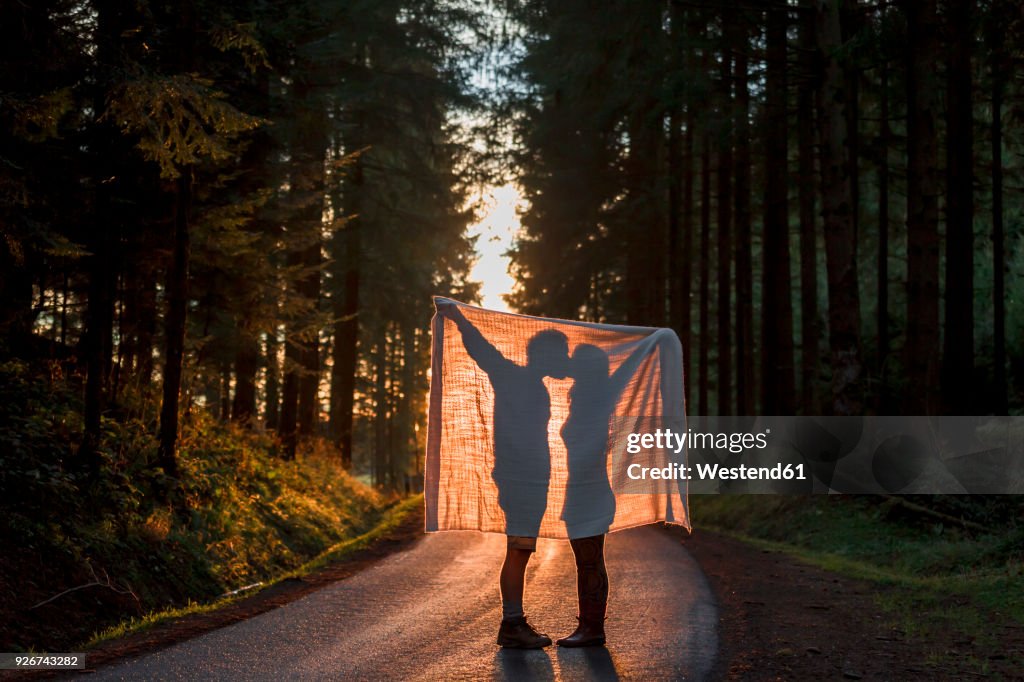 Silhouette of couple holding blanket kissing on country road in forest