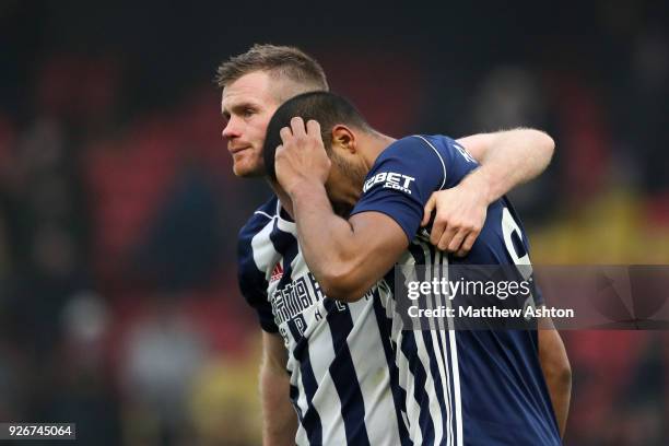 Chris Brunt and Salomon Rondon of West Bromwich Albion react after the defeat in the Premier League match between Watford and West Bromwich Albion at...